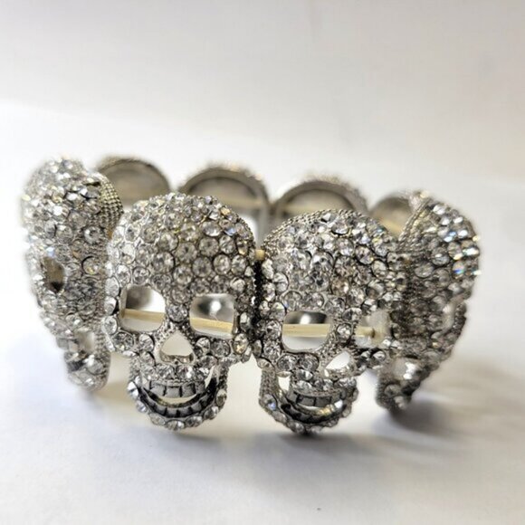 Silver Skull with Crystals Stretch Bracelet - Picture 1 of 10